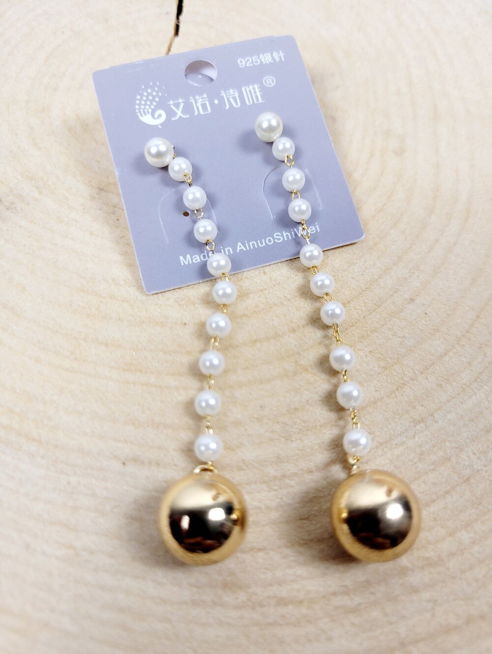 Brand New Gold Tone Pearl Gold Ball Dangle Earrings